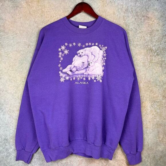 VTG 90s Alaska Polar Bear Sweatshirt Mens Sz L Purple Animals Nature Snow Winter - Picture 1 of 7